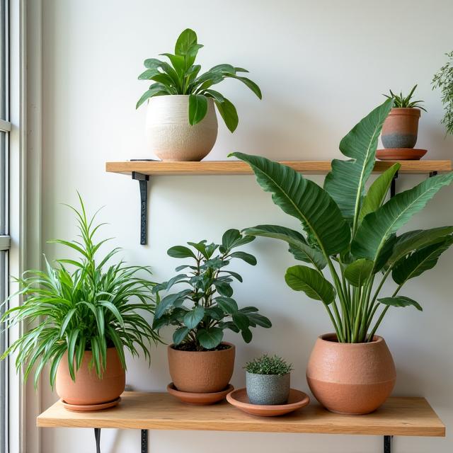 An artful display of various artisanal potted plants on a wooden shelf.