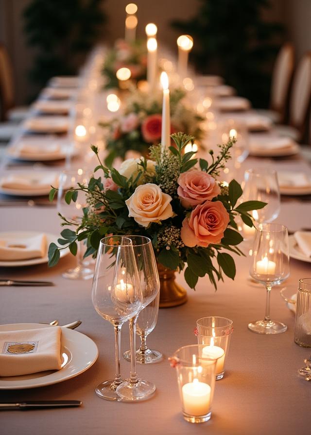 A beautifully decorated wedding table centerpiece.