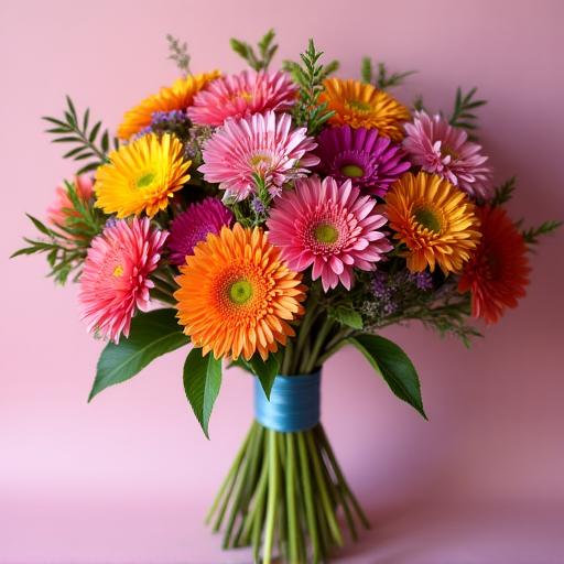 A vibrant bespoke bouquet with a mix of colourful flowers.