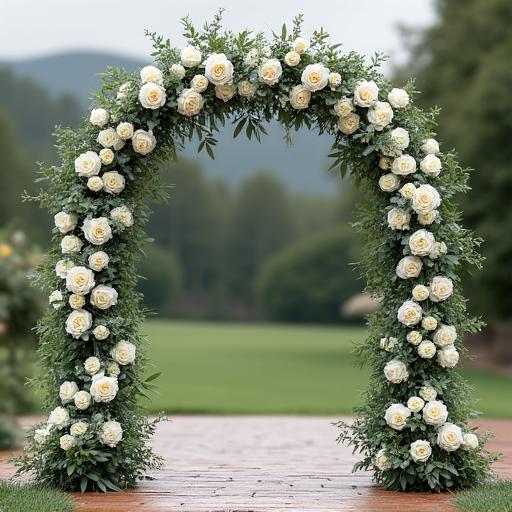 An elegant wedding arch adorned with white roses and eucalyptus.