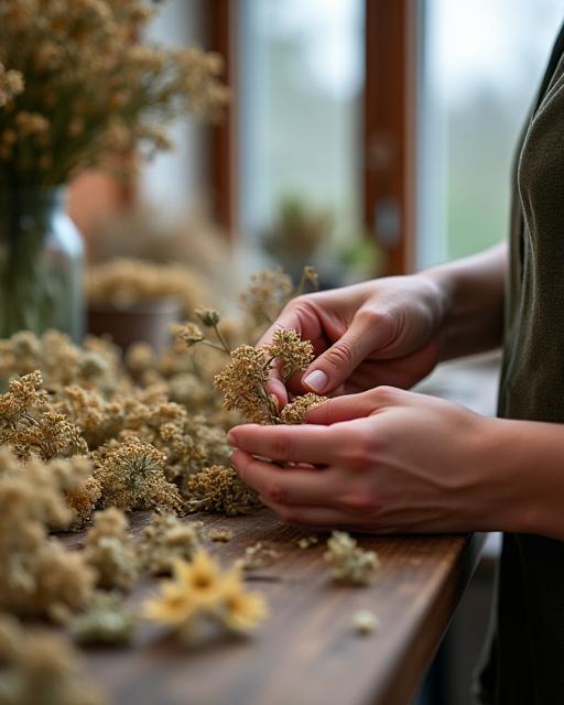 A detailed shot of a florist's hands arranging delicate dried flowers.