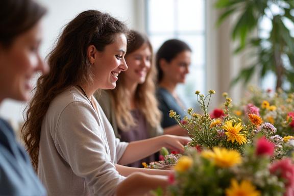 A group of people smiling and creating floral arrangements during a workshop.